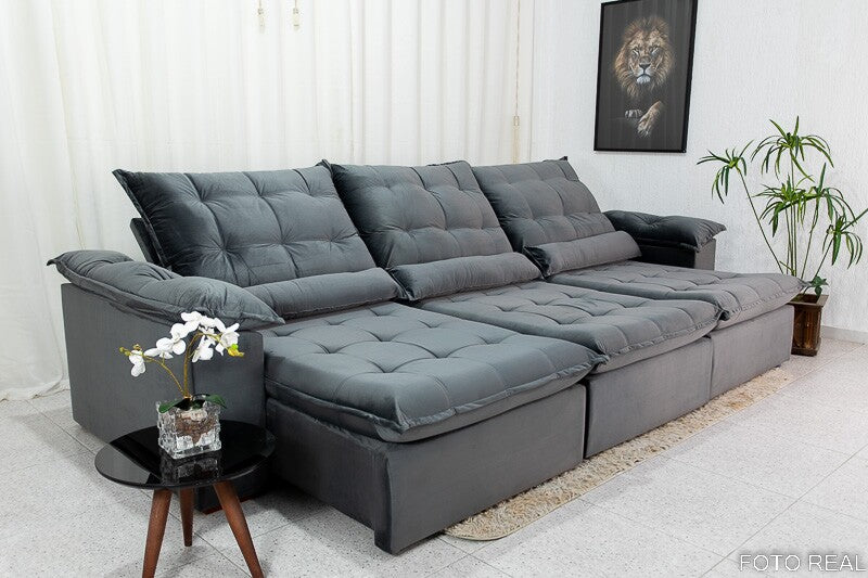 Sofá Retrátil Reclinável 3.20m  Veludo Cinza